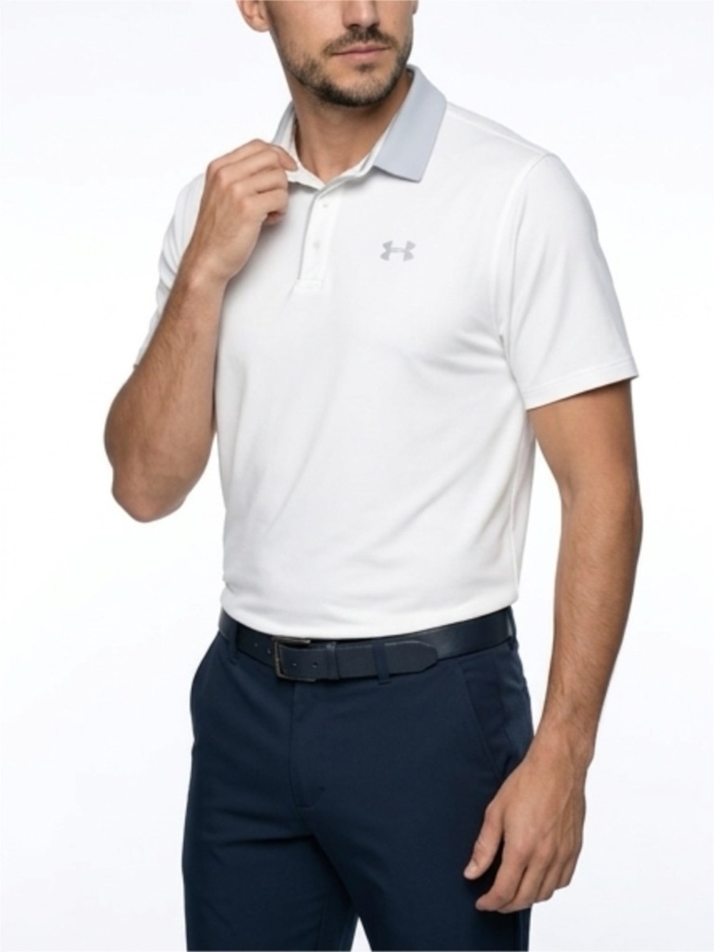 Under Armour White Polo with Light Gray Collar - Men's Performance Shirt